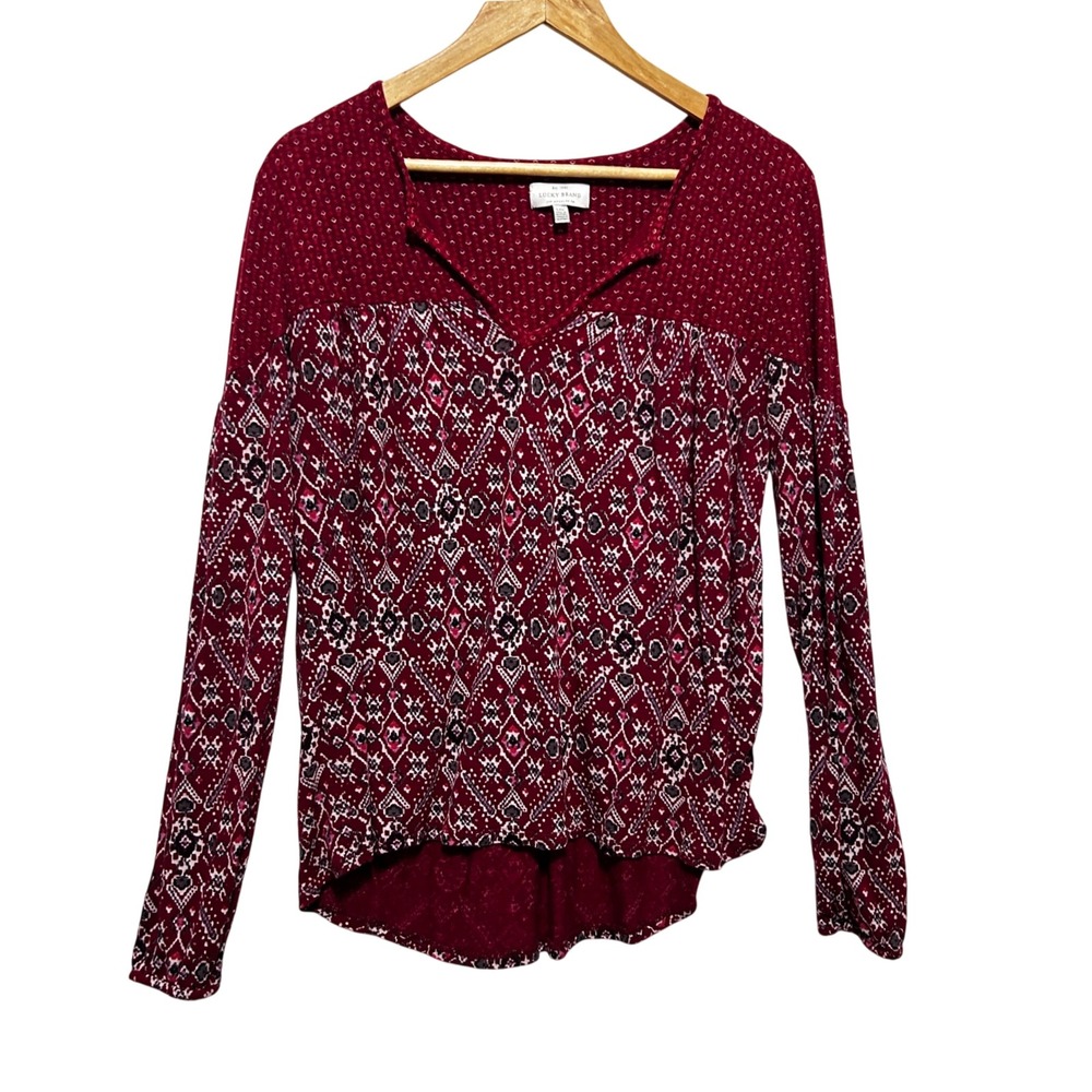 Lucky Brand Women Boho Chic Mixed Print Top L Maroon Cottage Hippie High Low Hem